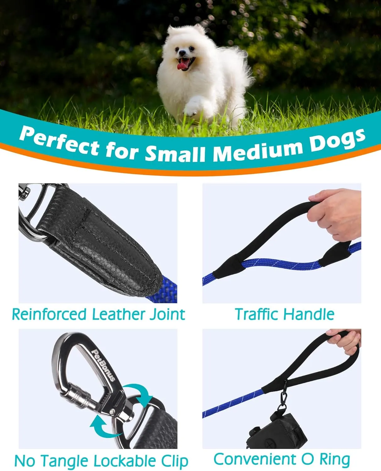 PetBonus Double Handle Rope Dog Leash, 5FT/6FT Heavy Duty Training Lead with Lockable Hook and 2 Comfortable Padded Handles, Reflective Walking Nylon Leash for Small Medium Dogs (1/2" x 5 FT, Blue)
