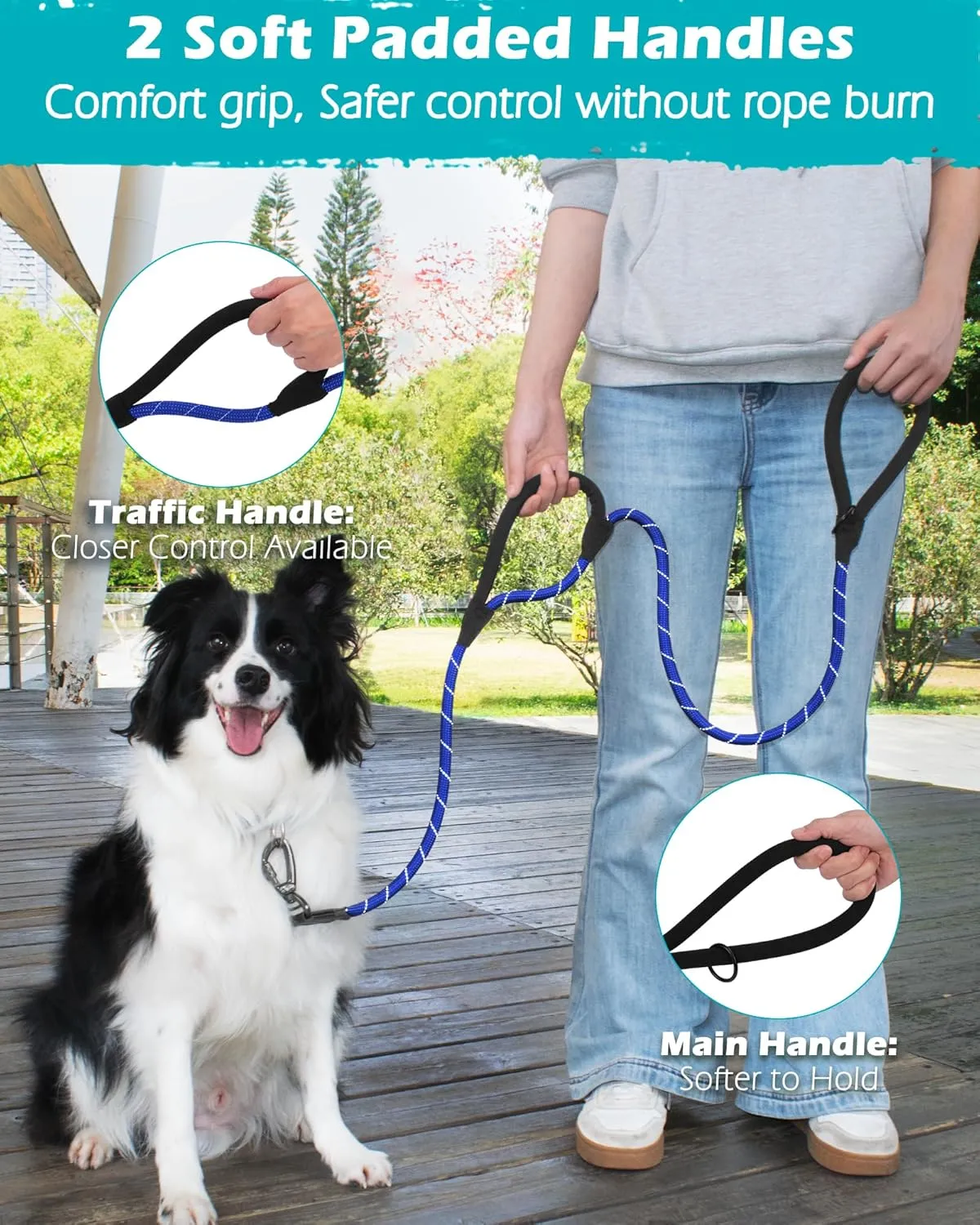 PetBonus Double Handle Rope Dog Leash, 5FT/6FT Heavy Duty Training Lead with Lockable Hook and 2 Comfortable Padded Handles, Reflective Walking Nylon Leash for Small Medium Dogs (1/2" x 5 FT, Blue)