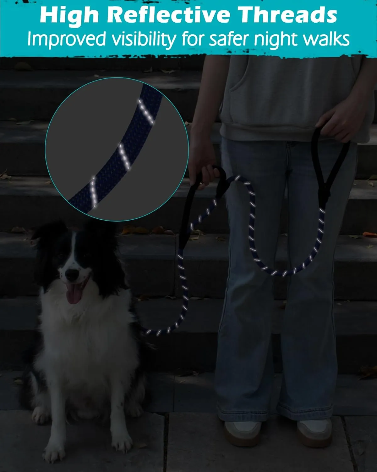 PetBonus Double Handle Rope Dog Leash, 5FT/6FT Heavy Duty Training Lead with Lockable Hook and 2 Comfortable Padded Handles, Reflective Walking Nylon Leash for Small Medium Dogs (1/2" x 5 FT, Blue)