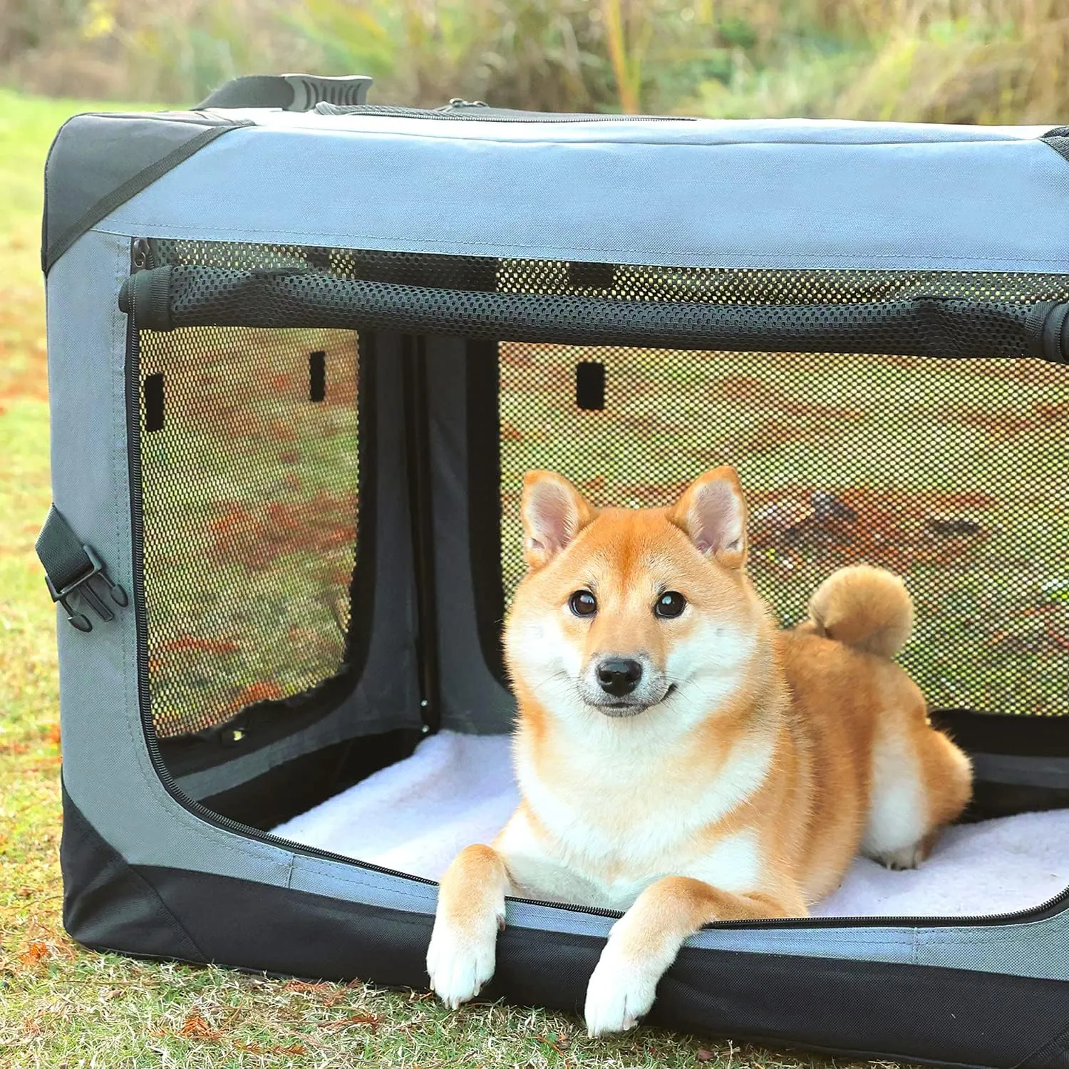 Pettycare 36 Inch Collapsible Crate for Large Dogs, 4-Door Foldable Soft Kennel with Chew Proof Mesh Windows for Indoor & Outdoor Travel