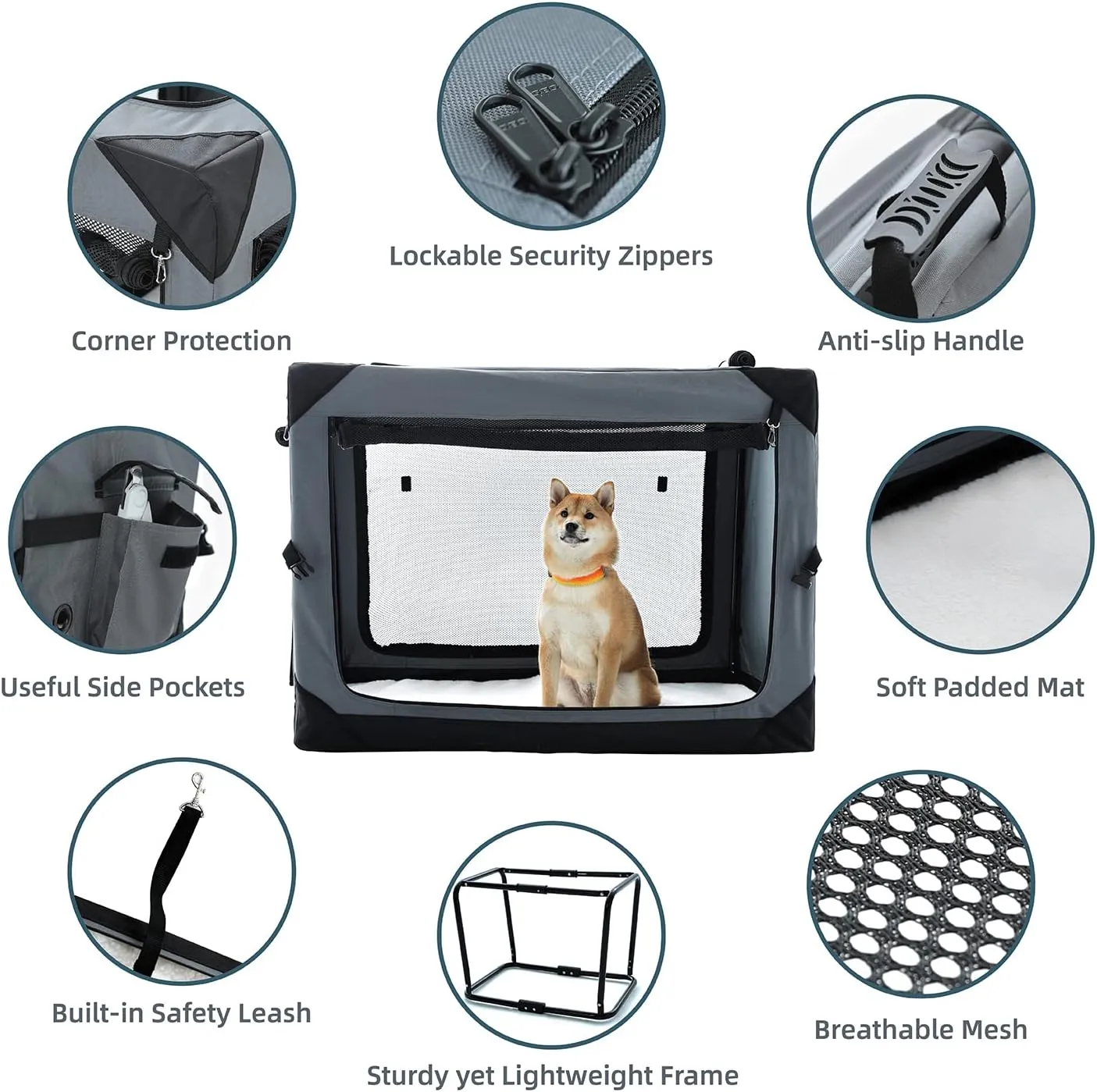 Pettycare 36 Inch Collapsible Crate for Large Dogs, 4-Door Foldable Soft Kennel with Chew Proof Mesh Windows for Indoor & Outdoor Travel