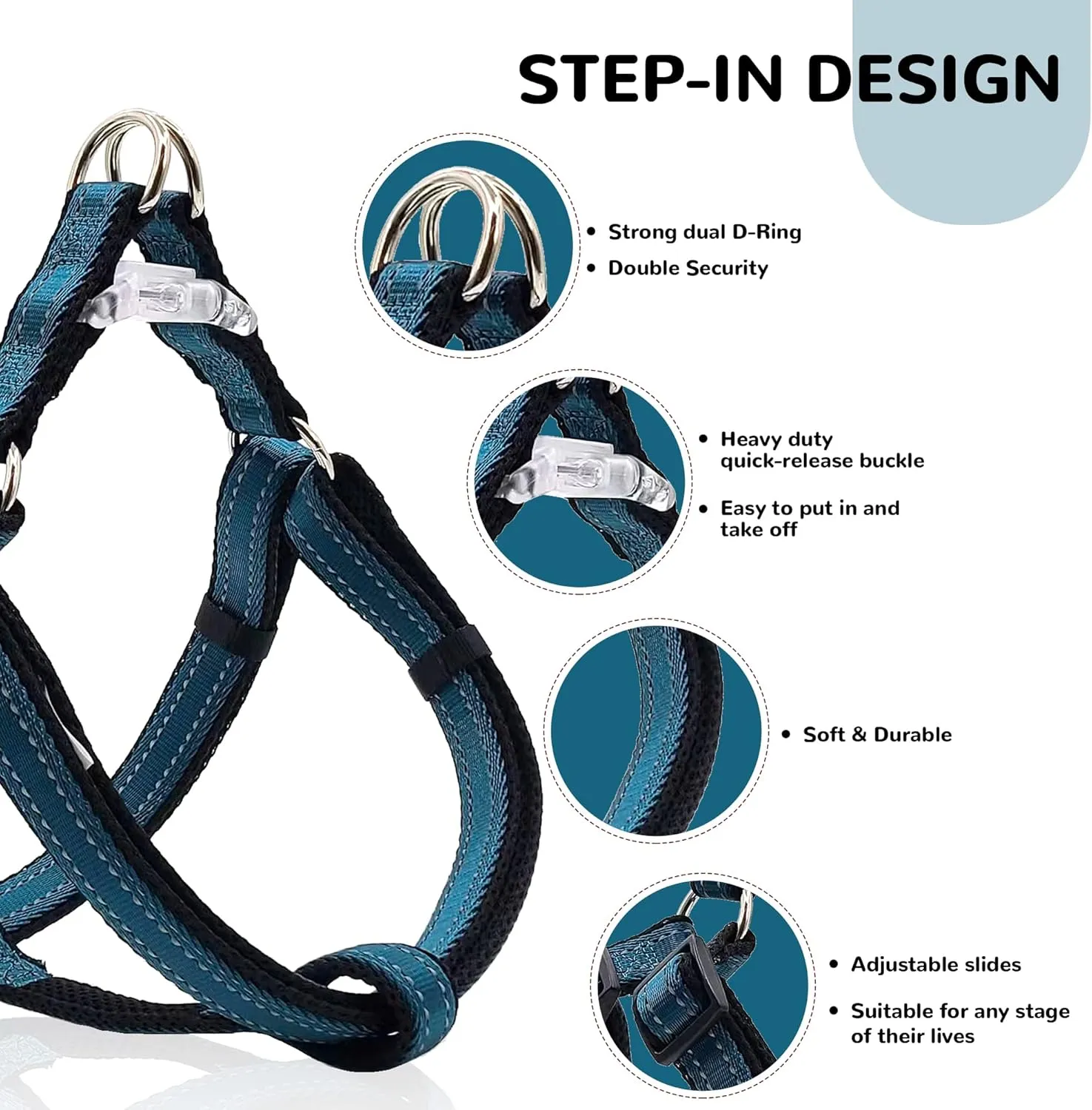Reflective Dog Harness Collar Leash Set, No Pull Harness for Medium Sized Dog, Quick Release Buckle Puppy Harness for Walk, Run, Training, Double D-Ring Step in Dog Harness for Dog Girls and Boy