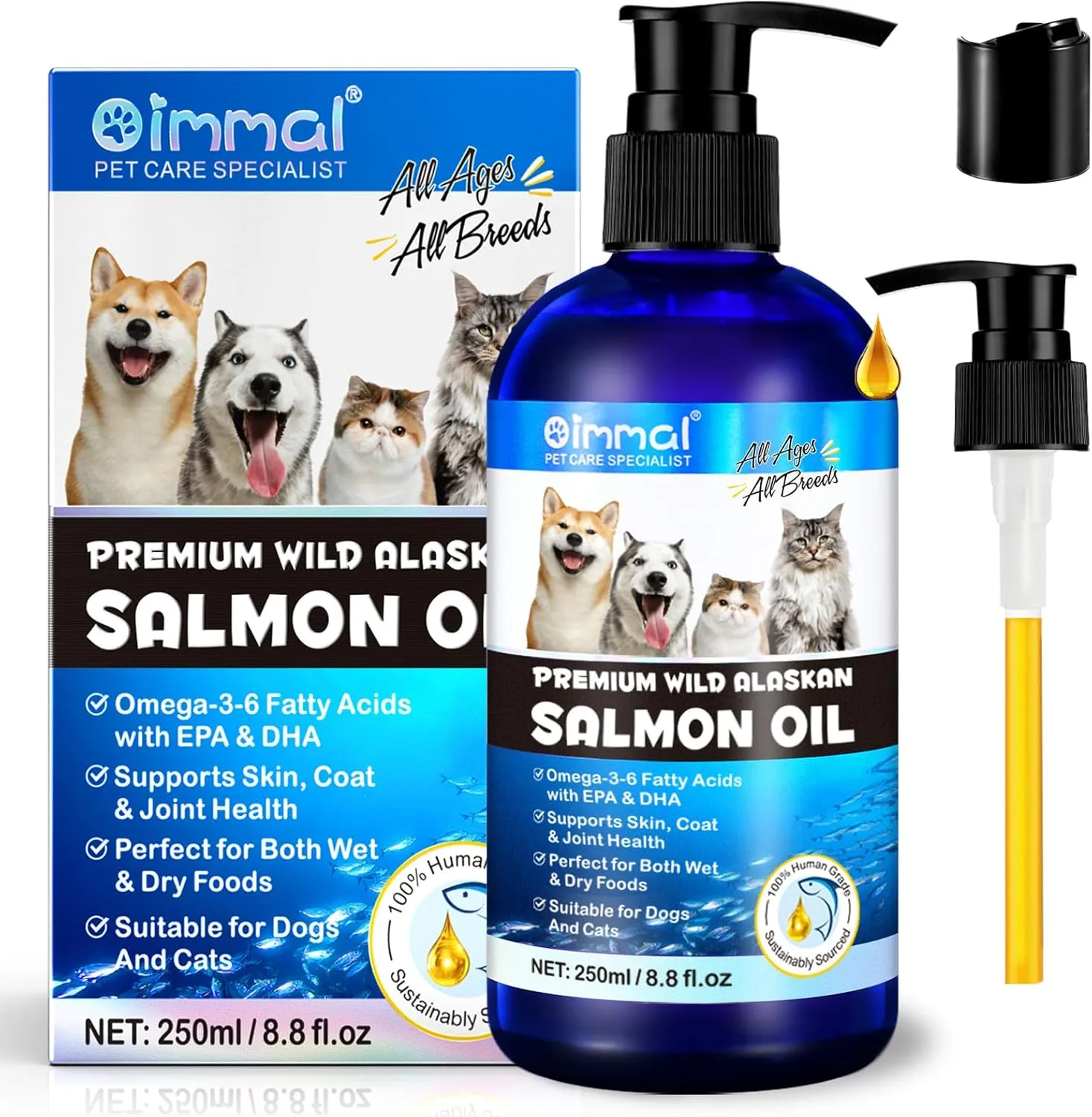 Salmon Oil for Dogs & Cats, Omega 3 Fish Oil for Dog's Skin and Coat, Natural EPA   DHA Fatty Acids for Joint Function, Immune & Heart Health, Wild Alaskan Salmon Oil 250ml for All Ages & All Breeds.