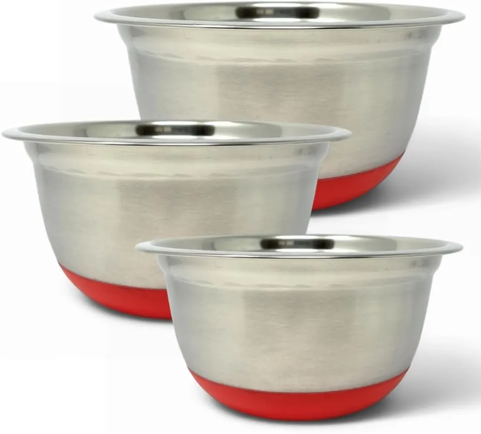 (Set of 3) Stainless Steel Mixing Bowls with Rubber Bottom, Non-Slip Bottom with Red Silicon, Flat Rim Flat Base, 3 Sizes 1.5-3 - 5 Quart