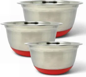 (Set of 3) Stainless Steel Mixing Bowls with Rubber Bottom, Non-Slip Bottom with Red Silicon, Flat Rim Flat Base, 3 Sizes 1.5-3 - 5 Quart