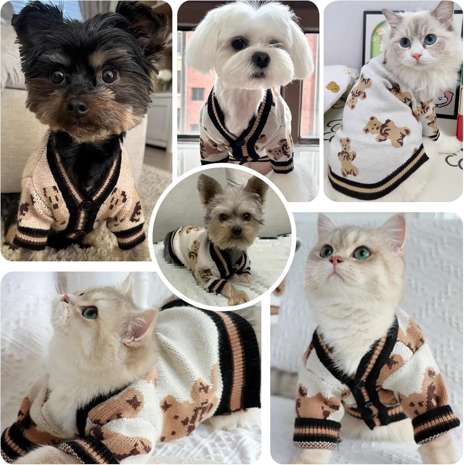 Small Dog Sweaters Cute Bear Dog Cardigans Clothes for Small Medium Dogs Boy Girl Puppy Cat Knitting Cardigan Outfits Dogs Winter Coats Warm Pet Doggy Clothes Soft Knitwear Apparel (Beige,S)