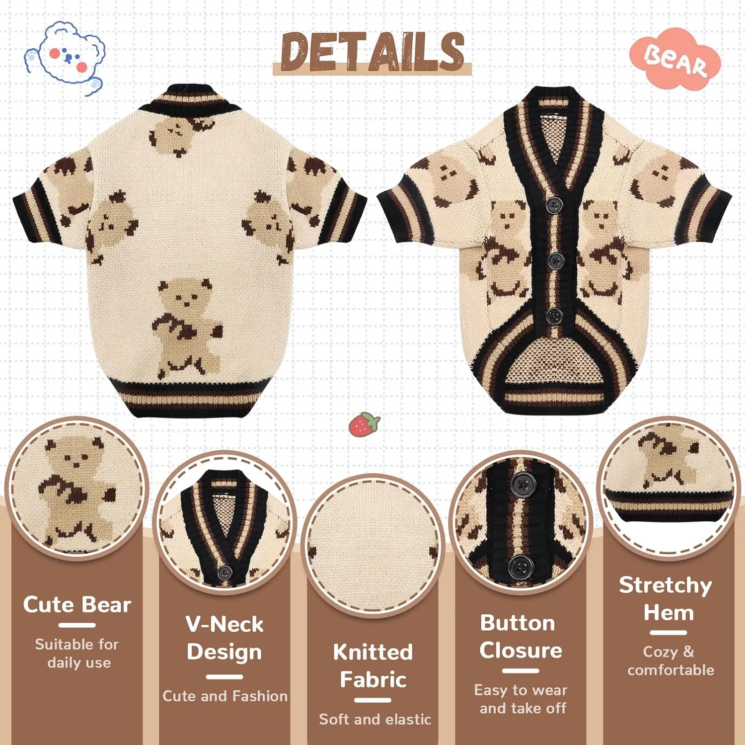 Small Dog Sweaters Cute Bear Dog Cardigans Clothes for Small Medium Dogs Boy Girl Puppy Cat Knitting Cardigan Outfits Dogs Winter Coats Warm Pet Doggy Clothes Soft Knitwear Apparel (Beige,S)