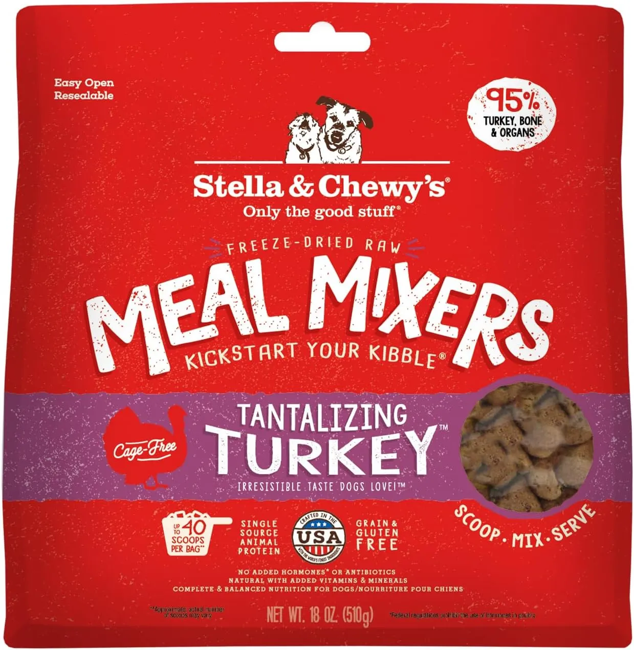 Stella & Chewy's Freeze-Dried Raw Tantalizing Turkey Meal Mixers- Dog Food Topper and Mixer - Made with 95% Cage-Free Turkey, Organs & Bone - Perfect for Picky Eaters - Grain-Free - 18 oz