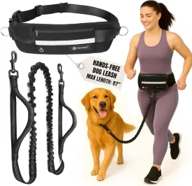 Tails & Tales Hands Free Waist Leash for Dog Walking Running Hiking with Zipper Pouch, Adjustable Belt, Dual Padded Handles, Reflective Bungee Design for Small to Large 100lb Dogs (Black)