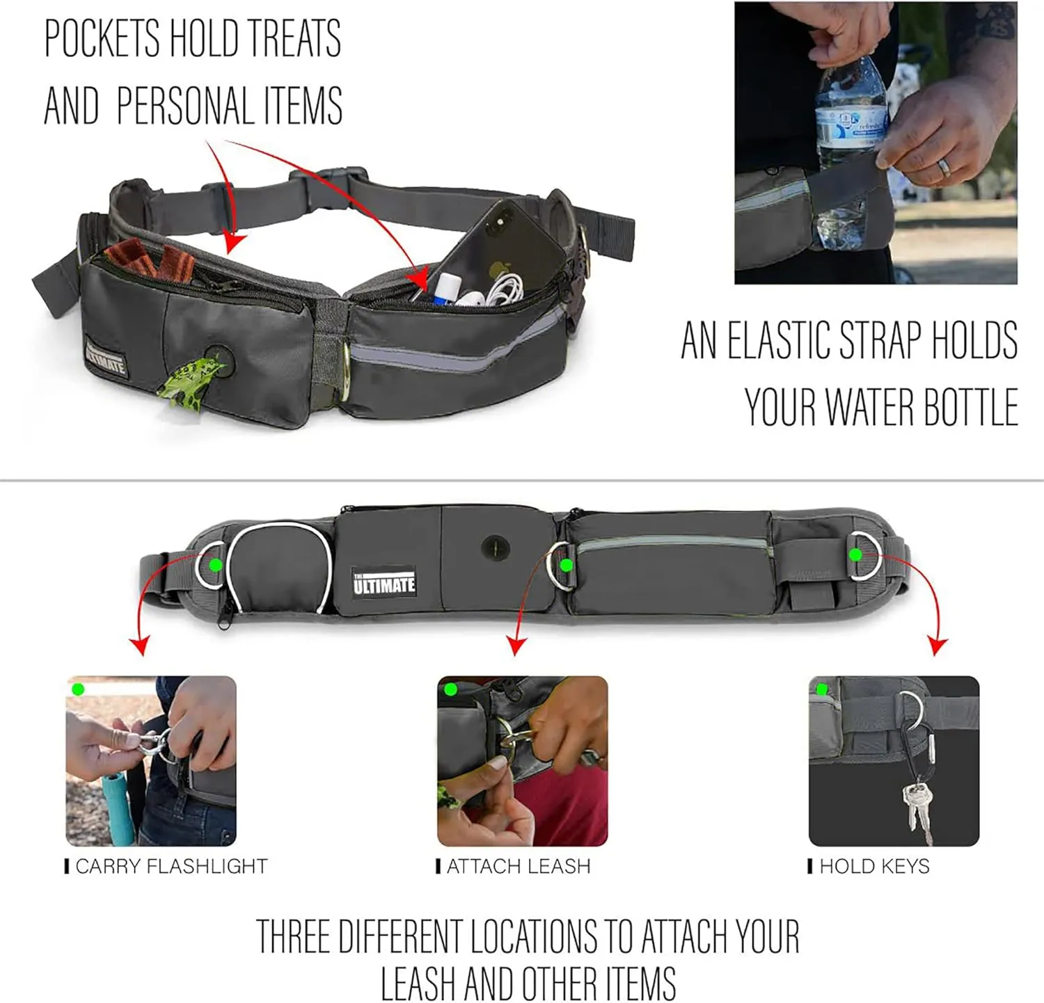 TAKSIN The Ultimate Hands Free Dog Leash System for Walking Running Hiking Training, Reflective Bungee Leash, Treat Holder, Poop Bag Dispenser for Small Medium Large Dogs (Grey Pack)