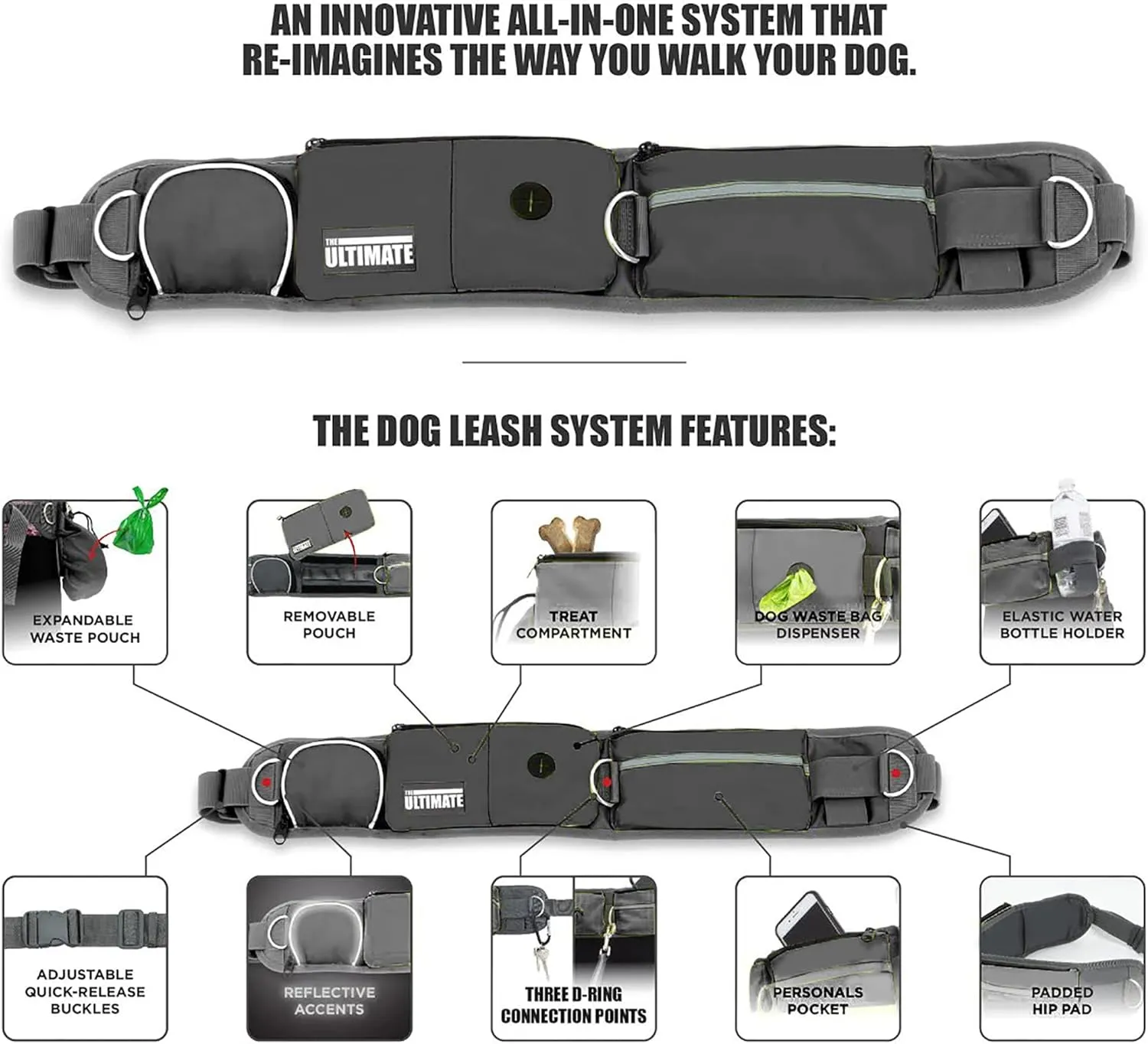 TAKSIN The Ultimate Hands Free Dog Leash System for Walking Running Hiking Training, Reflective Bungee Leash, Treat Holder, Poop Bag Dispenser for Small Medium Large Dogs (Grey Pack)