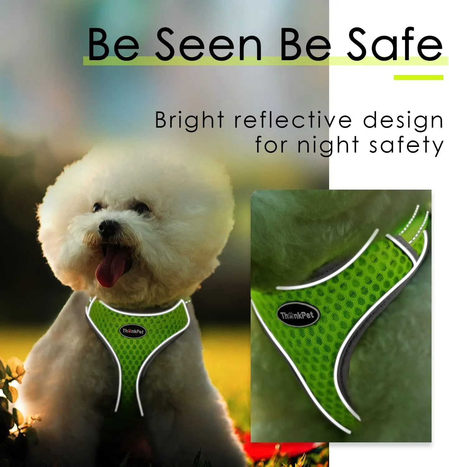 ThinkPet Reflective Breathable Soft Air Mesh No Pull Puppy Choke Free Over Head Vest Harness for Puppy Small Medium Dogs and Cats Green Large