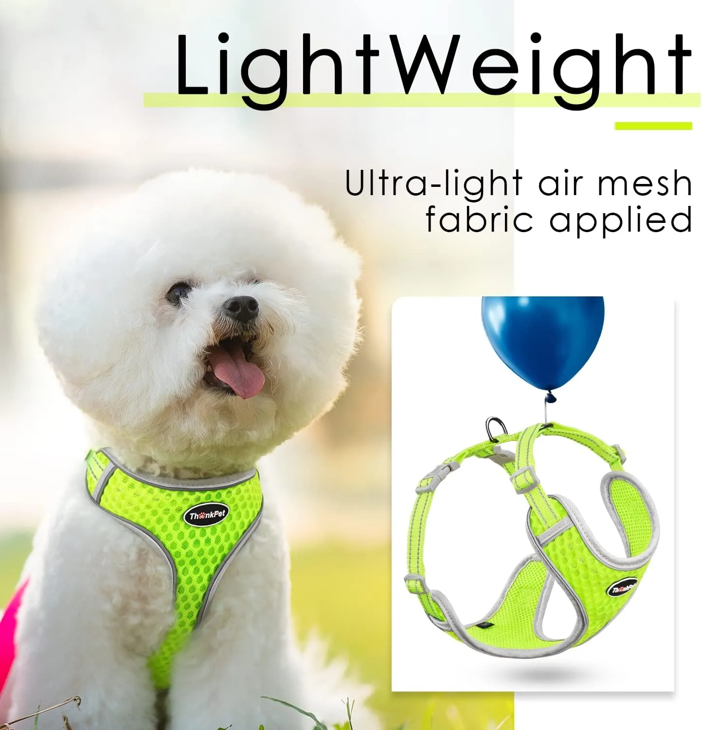 ThinkPet Reflective Breathable Soft Air Mesh No Pull Puppy Choke Free Over Head Vest Harness for Puppy Small Medium Dogs and Cats Green Large