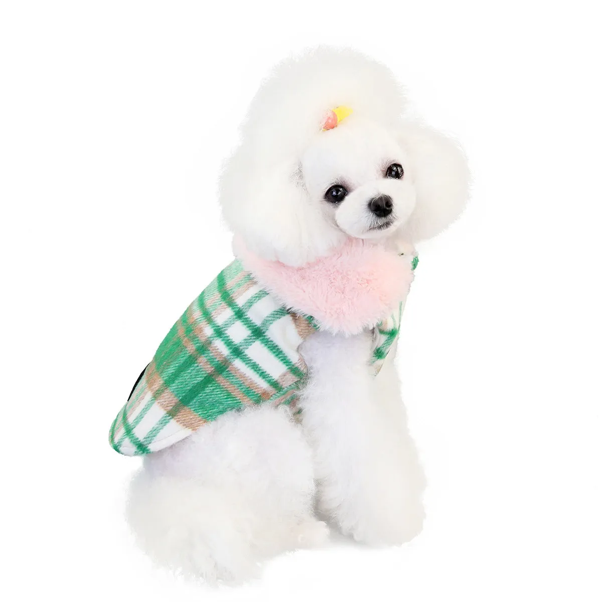 Toby's Designer Wool blend Plaid PeaCoat With Pink Faux Fur Collar