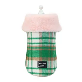 Toby's Designer Wool blend Plaid PeaCoat With Pink Faux Fur Collar