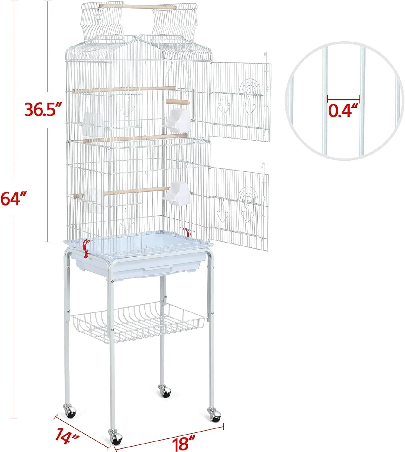 Topeakmart Open Play Top Large Parakeet Bird Cage for Small Birds Parrots Budgies Finches Canaries Lovebirds Metal Bird Cage with Rolling Stand, White