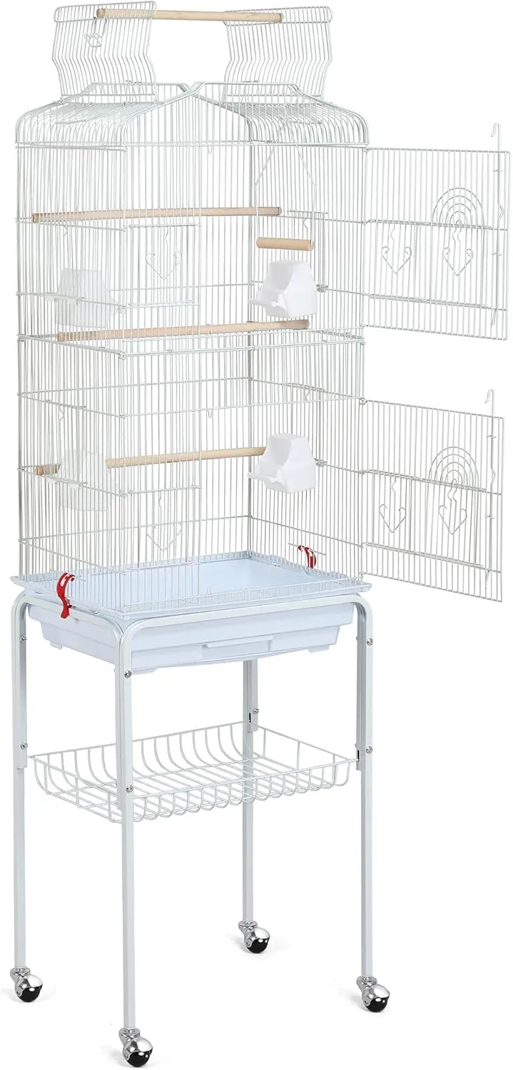 Topeakmart Open Play Top Large Parakeet Bird Cage for Small Birds Parrots Budgies Finches Canaries Lovebirds Metal Bird Cage with Rolling Stand, White
