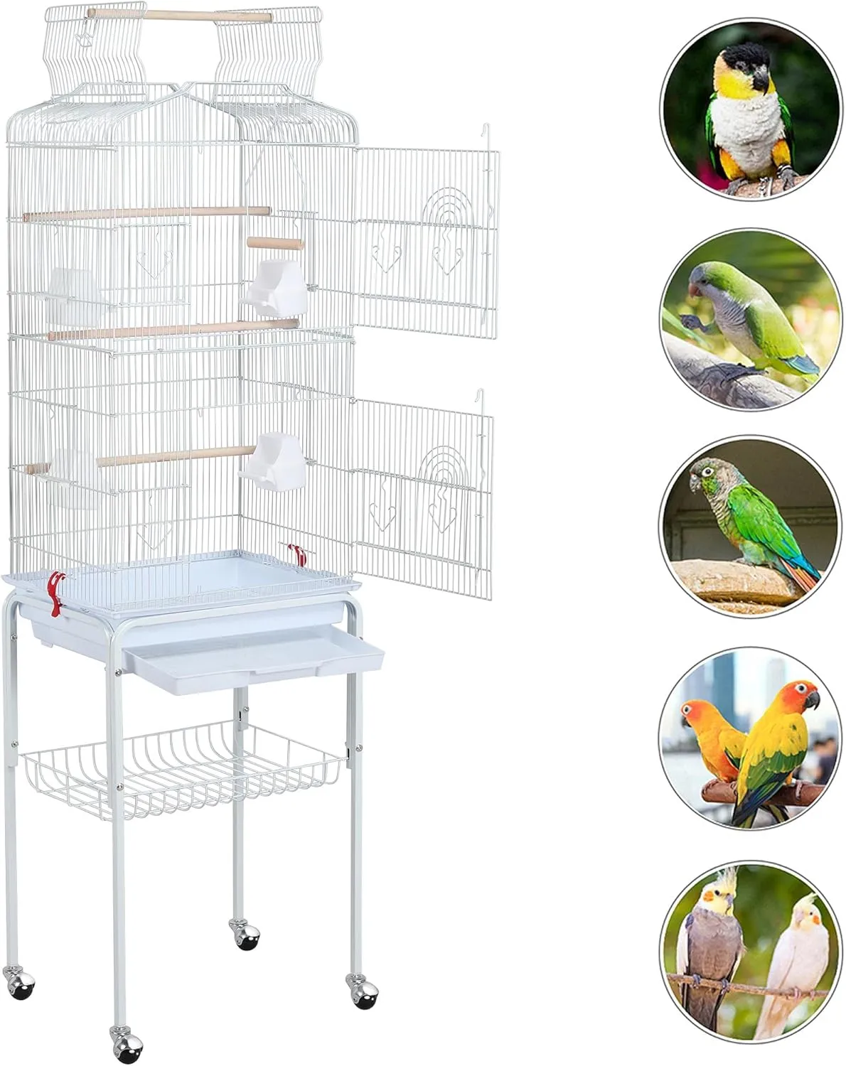 Topeakmart Open Play Top Large Parakeet Bird Cage for Small Birds Parrots Budgies Finches Canaries Lovebirds Metal Bird Cage with Rolling Stand, White