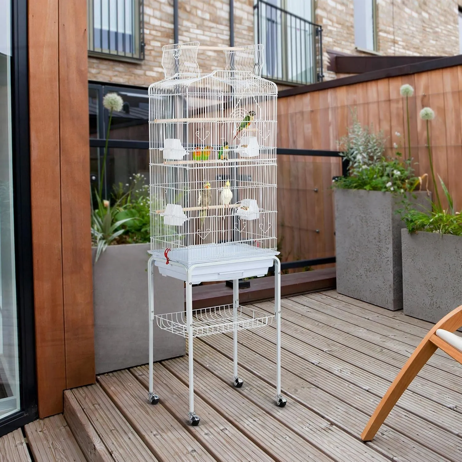 Topeakmart Open Play Top Large Parakeet Bird Cage for Small Birds Parrots Budgies Finches Canaries Lovebirds Metal Bird Cage with Rolling Stand, White