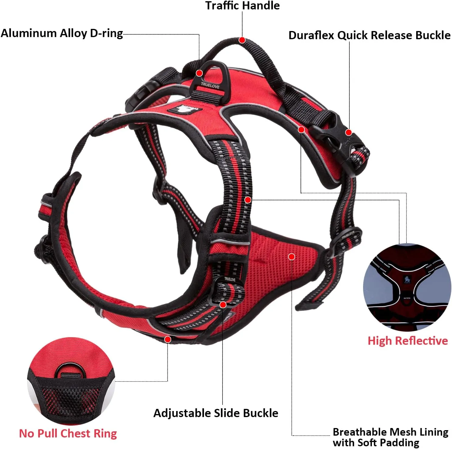 TRUE LOVE Truelove Adjustable No-Pull Dog Harness Reflective Pup Vest Harnesses Comfortable Control Brilliant Colors TLH5651(Black,L)