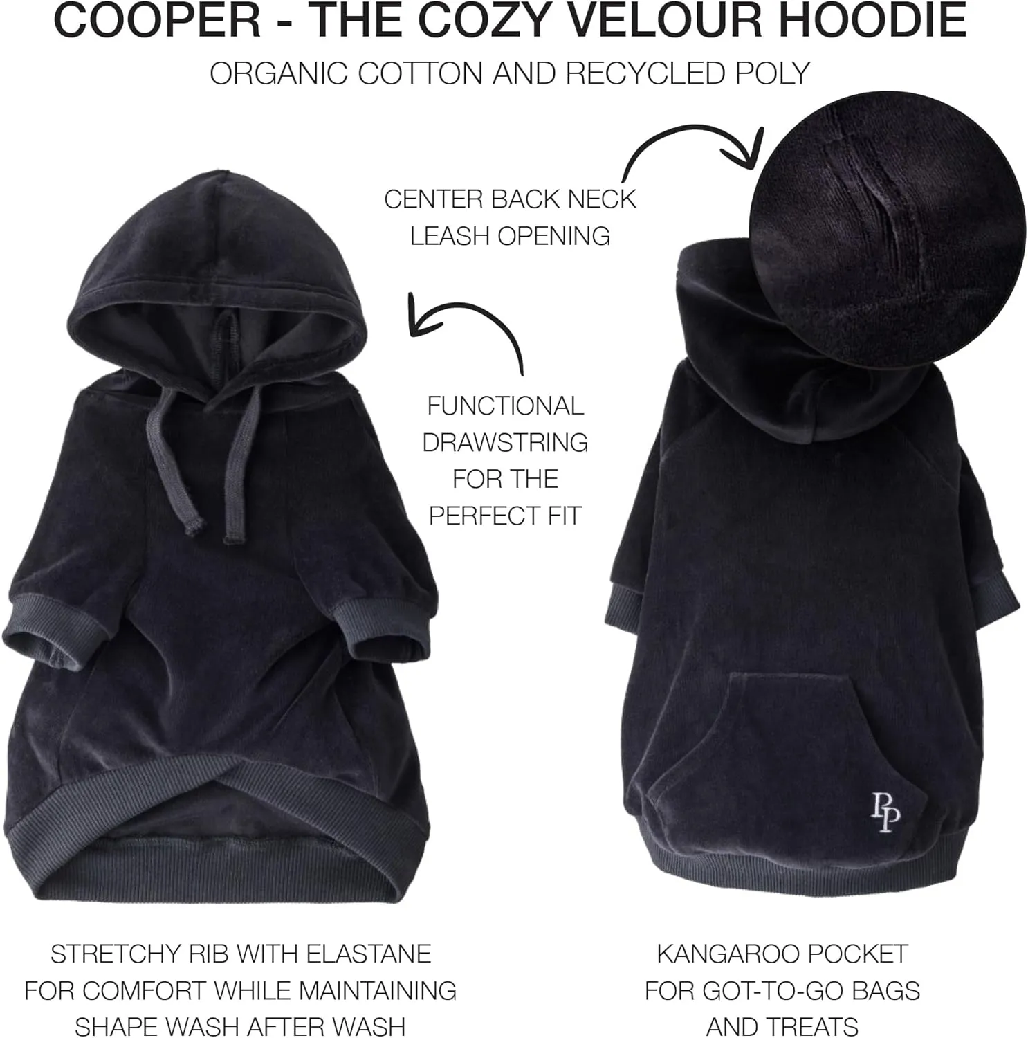 Velour Dog Pet Hoodie Coat for Small, Medium and Large Dogs, Black, X-Small