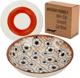 Whisker Fatigue Cat Bowl  5.5 in Ceramic Cat Bowls, Shallow Cat Food Dish, Cute Flat Cat Bowl, Small Wide Cat Plates for Indoor Cats with Silicone Bottom, Non-Slip and Quiet