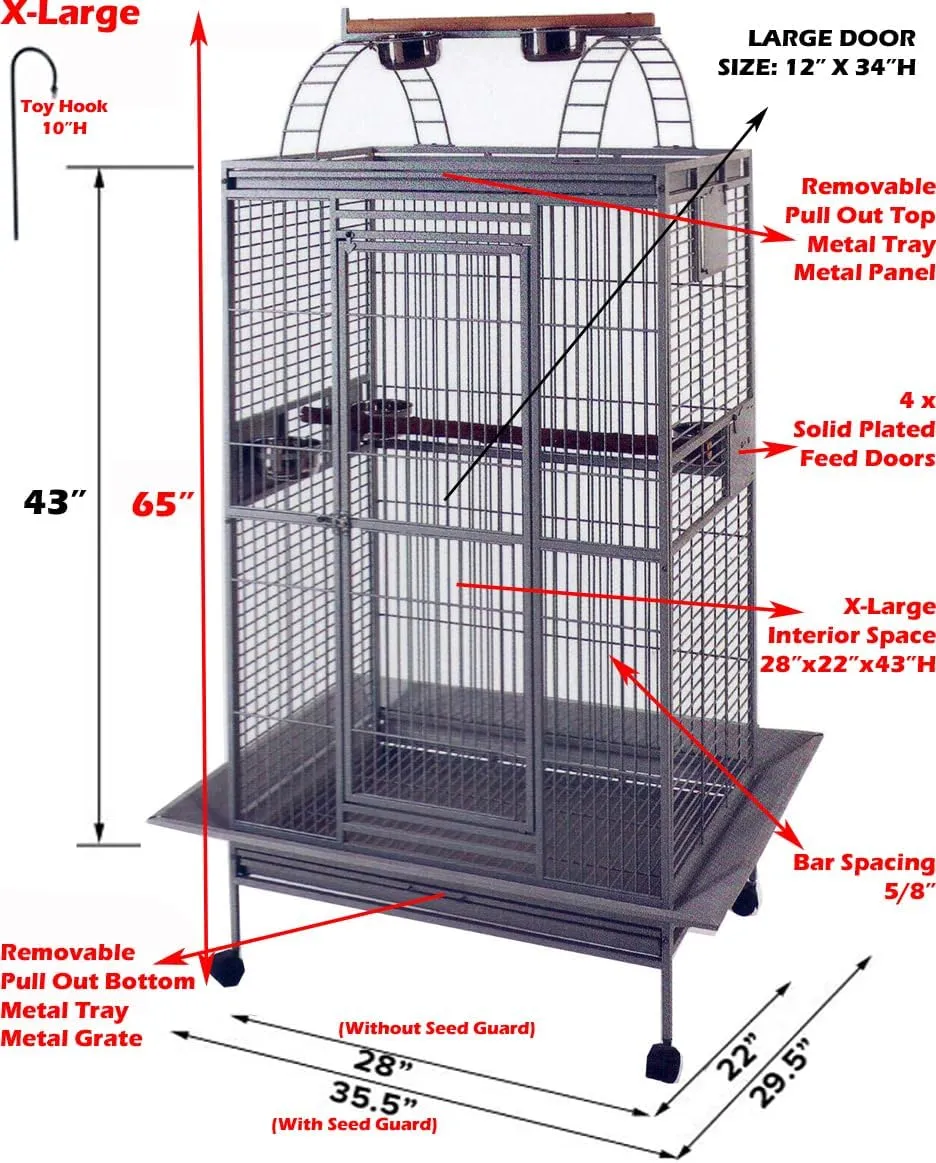 X-Large Elegant Play Top Bird Cage Parrot Finch Macaw Cockatoo Bird Wrought Iron Rolling Cage 28" x 22" x 75"H