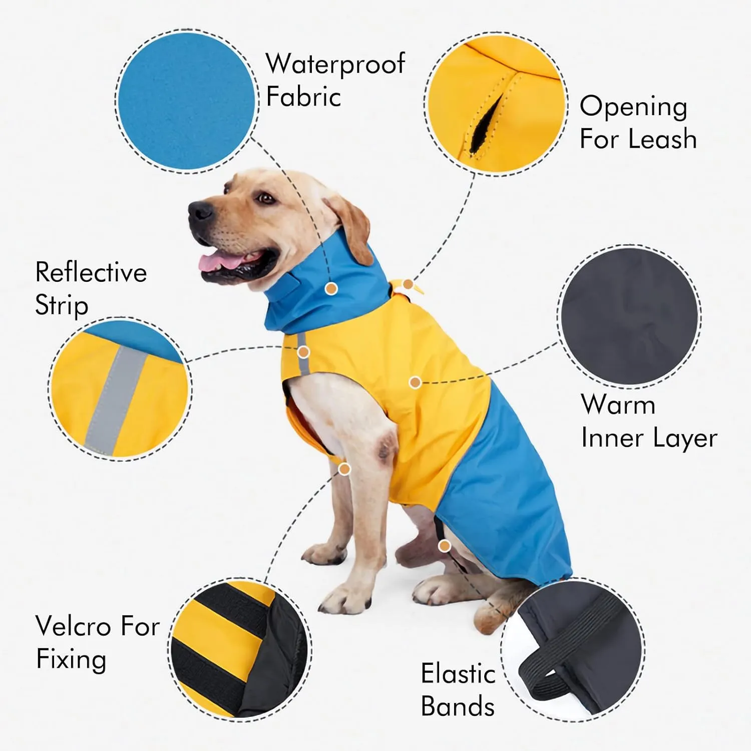 XXXL Warm Dog Coats - Windproof Winter Outdoor Jackets, Cold Weather Waterproof Raincoats With Leash Hole, Blue Yellow